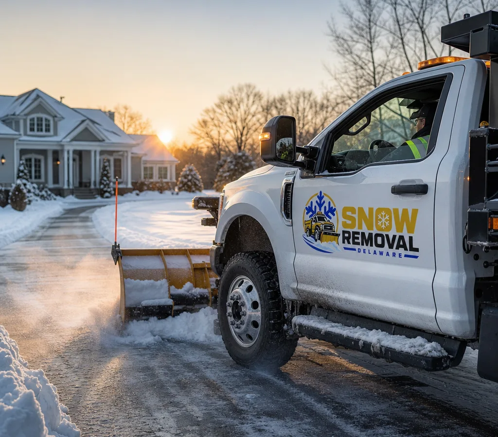 Plow truck clearing a snow-covered Delaware driveway at dawn
