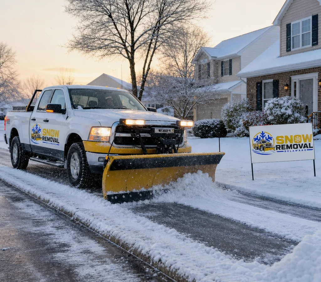 Pickup truck plowing a residential driveway in Dover, Delaware at dawn