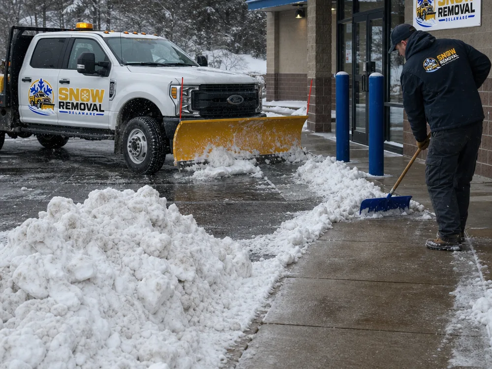 Plow clearing a Dover commercial parking lot with snow stacked away from entrances
