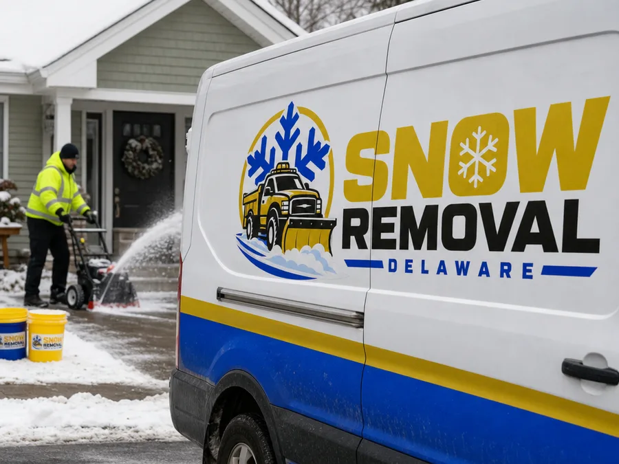 Crew member clearing a sidewalk and entry path with snow removal equipment nearby