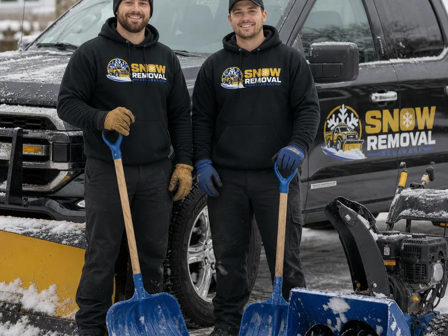 Two-person snow crew ready beside a plow truck with shovels and a snow blower